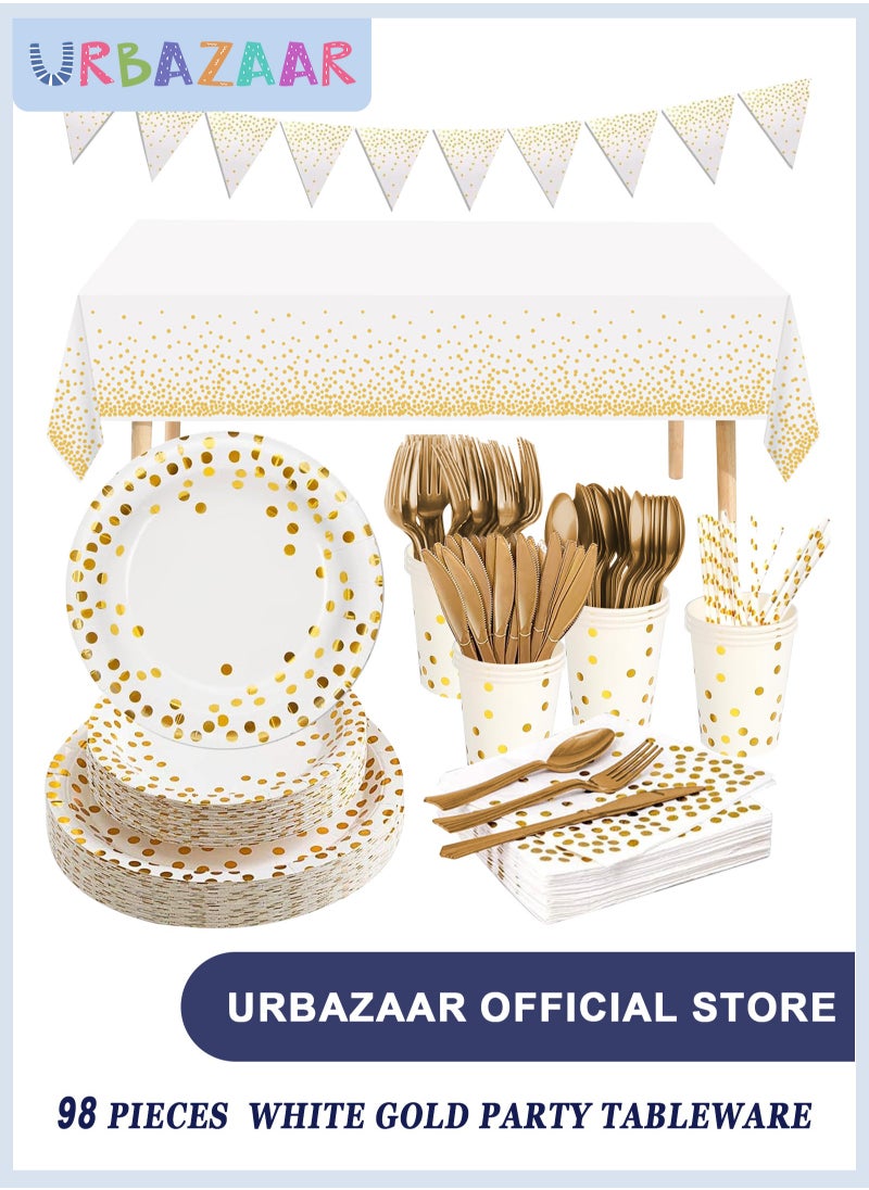 URbazaar 98PCS White and Gold Party Supplies Golden Dot Paper Party Dinnerware Includes Paper Plates Napkins Knives Forks 9oz Cups Banner for Graduation Birthday Party Serves 12  - Image 1