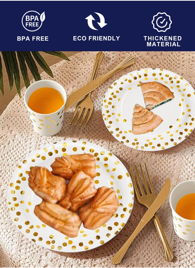 URbazaar 98PCS White and Gold Party Supplies Golden Dot Paper Party Dinnerware Includes Paper Plates Napkins Knives Forks 9oz Cups Banner for Graduation Birthday Party Serves 12  - Image 3