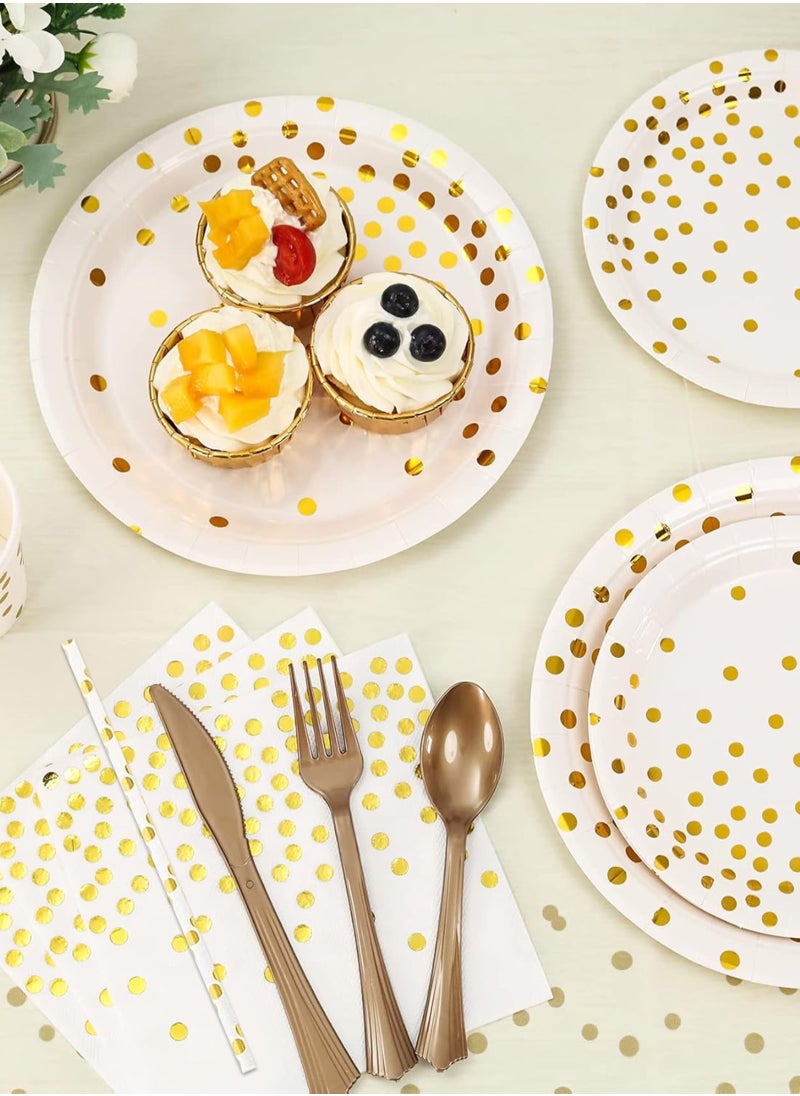 URbazaar 98PCS White and Gold Party Supplies Golden Dot Paper Party Dinnerware Includes Paper Plates Napkins Knives Forks 9oz Cups Banner for Graduation Birthday Party Serves 12  - Image 5