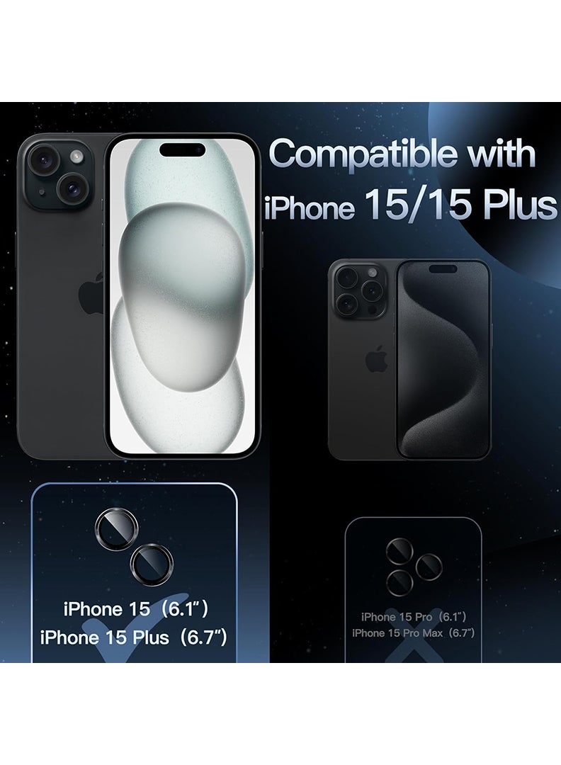 Theodor iPhone 15/ 15 Plus 2 Pcs Camera Lens Protector With 9H Tempered HD Glass Camera Cover Anti Scratch Aluminum Alloy Camera Ring, Black Titanium - Image 2