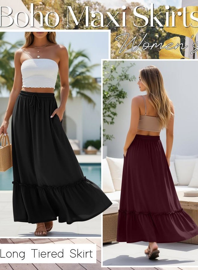 Ficerd 3 Pack Women's Boho Maxi Skirts, Long Tiered Skirt Flowy Ruffle High Waist Drawsting Casual Dress with Pockets, Black,wine Red,navy Blue, L - Image 2