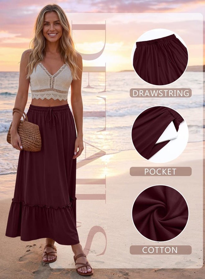 Ficerd 3 Pack Women's Boho Maxi Skirts, Long Tiered Skirt Flowy Ruffle High Waist Drawsting Casual Dress with Pockets, Black,wine Red,navy Blue, L - Image 5