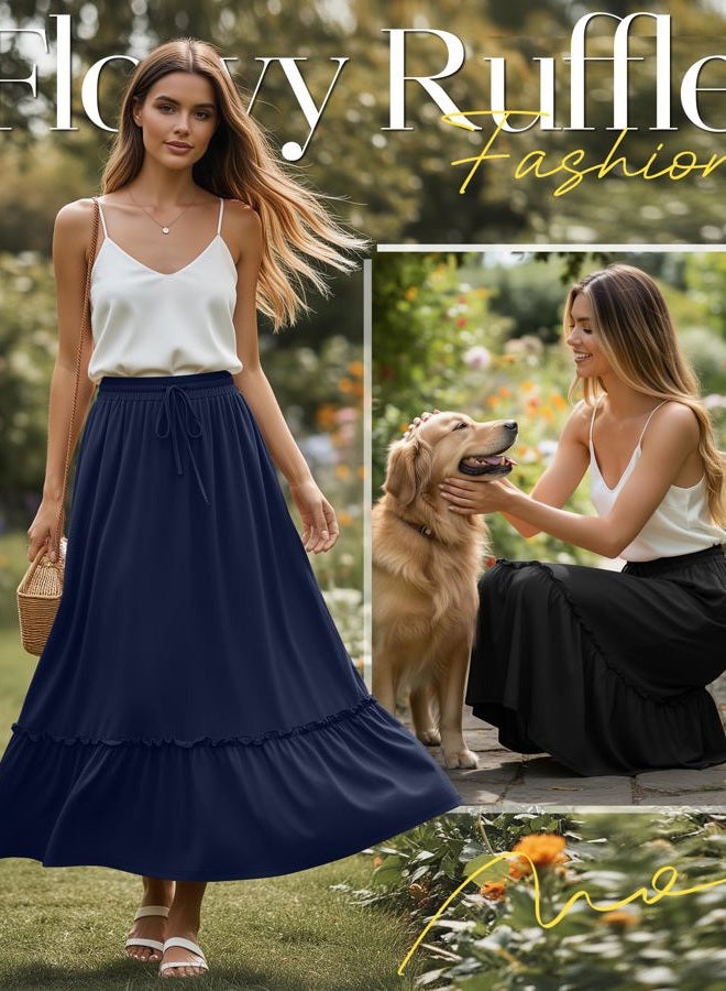 Ficerd 3 Pack Women's Boho Maxi Skirts, Long Tiered Skirt Flowy Ruffle High Waist Drawsting Casual Dress with Pockets, Black,wine Red,navy Blue, L - Image 4