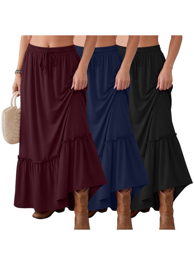 Ficerd 3 Pack Women's Boho Maxi Skirts, Long Tiered Skirt Flowy Ruffle High Waist Drawsting Casual Dress with Pockets, Black,wine Red,navy Blue, L - Image 1