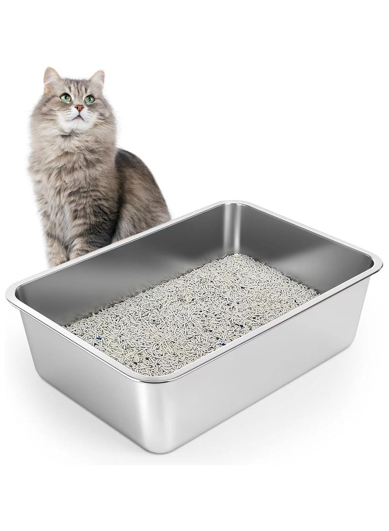 نورة صندوق فضلات القطط من الفولاذ المقاوم للصدأ - صينية فضلات أكوتسُن الكبيرة المعدنية للقطط والأرانب (60سم طول × 40سم عرض × 15سم ارتفاع) - Image 1