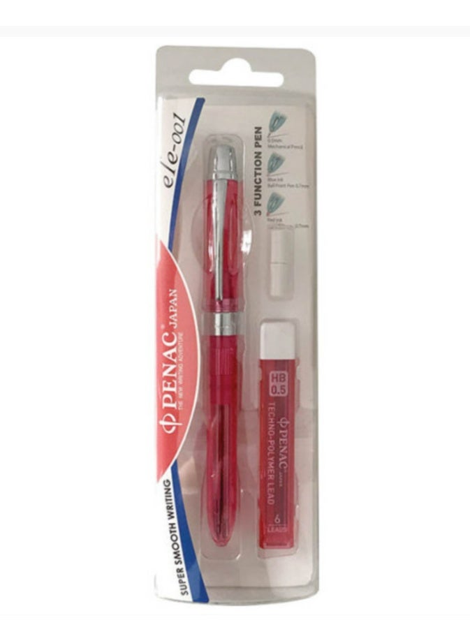 3-in-1 Multifunctional Pen (Blue, Red, Pencil) 2 Eraser + Replacement Tip, Pink or Pink Exterior, Made in Japan