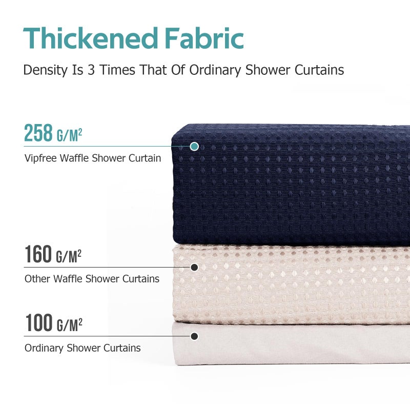 Vipfree 3 in 1 Shower Curtain Set  Waffle Shower Curtain and Liner Set with 12 Double Sided Shower Curtain Hooks  258GSM Luxury Weighted Cloth Shower Curtains for Bathroom  72 W x 72 H  Navy Blue - Image 3