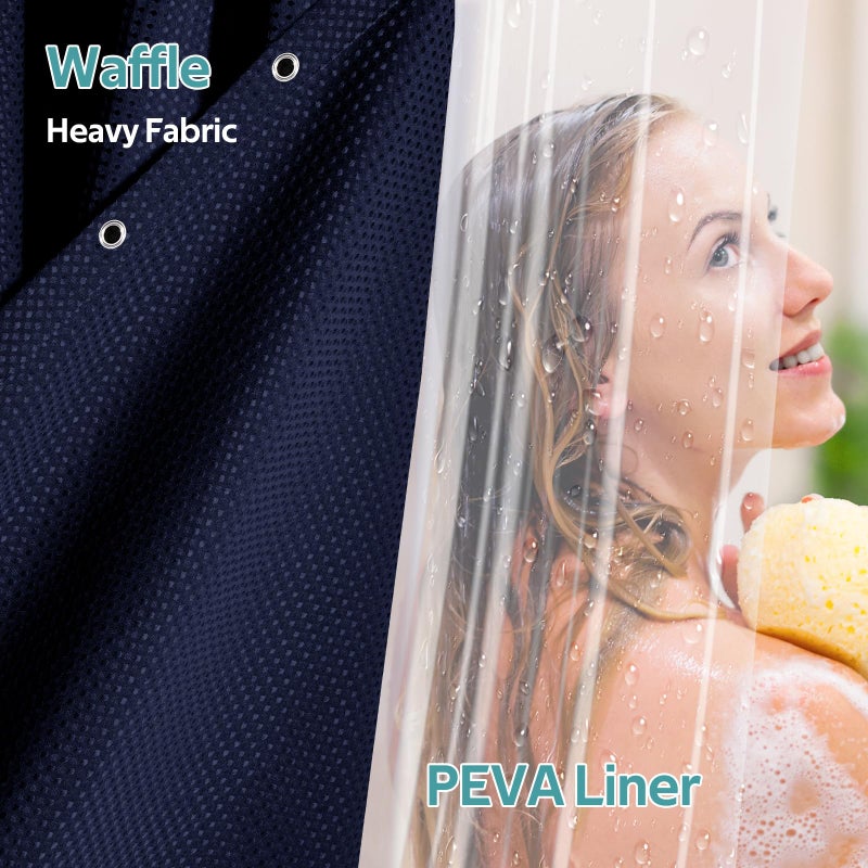 Vipfree 3 in 1 Shower Curtain Set  Waffle Shower Curtain and Liner Set with 12 Double Sided Shower Curtain Hooks  258GSM Luxury Weighted Cloth Shower Curtains for Bathroom  72 W x 72 H  Navy Blue - Image 2