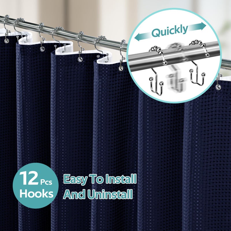 Vipfree 3 in 1 Shower Curtain Set  Waffle Shower Curtain and Liner Set with 12 Double Sided Shower Curtain Hooks  258GSM Luxury Weighted Cloth Shower Curtains for Bathroom  72 W x 72 H  Navy Blue - Image 1