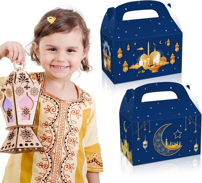 Cosfan 12 Pack Eid Mubarak Party Paper Boxes Blue Muslim Ramadan Treat Box Church Moon Candy Gift Bags Party Favors Boxes for Eid Party Wedding - Image 3