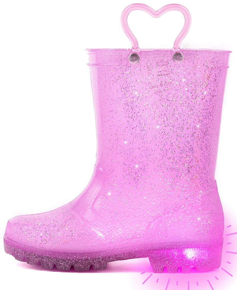 Outee Toddler Girls Rain Boots Little Kids Baby Light Up Glitter Waterproof Rubber Mud Shoes Lightweight Sparkle Pink Adorable with EasyOn Handles Non Slip Size 12Pink