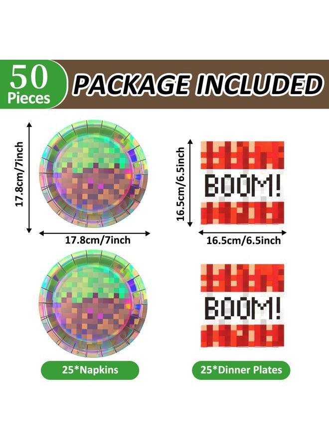 Cogniplay 50Pcs Iridescent Pixel Party Plates and Napkins Set Video Game Disposable Tableware Set Pixel Dessert Plates Gaming Party Supplies Birthday Decorations for Kids Baby Shower Teen Gamer Serve 25 - Image 2