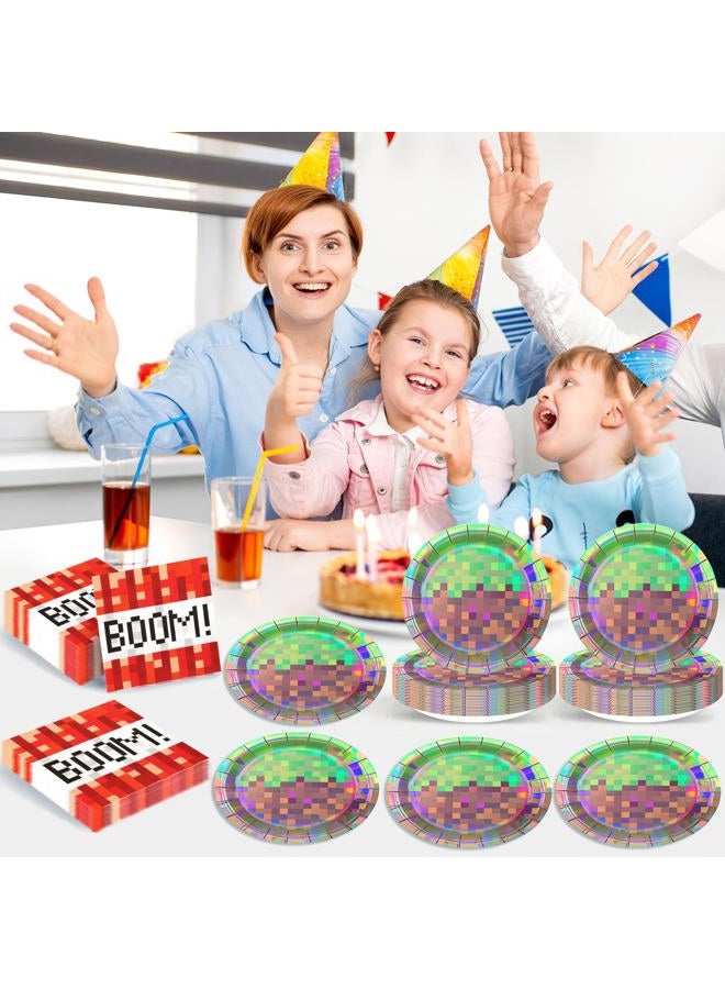 Cogniplay 50Pcs Iridescent Pixel Party Plates and Napkins Set Video Game Disposable Tableware Set Pixel Dessert Plates Gaming Party Supplies Birthday Decorations for Kids Baby Shower Teen Gamer Serve 25 - Image 5
