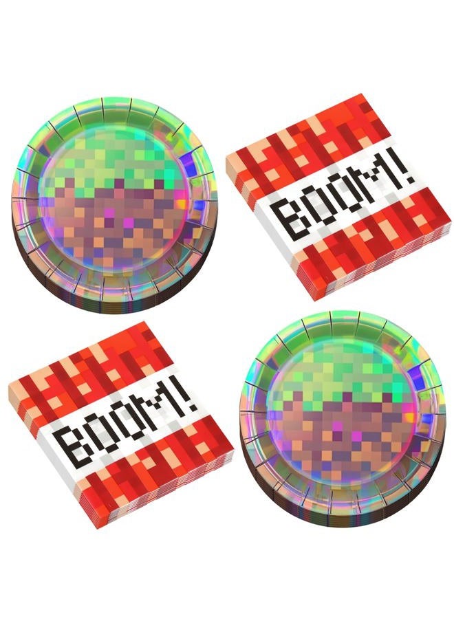 Cogniplay 50Pcs Iridescent Pixel Party Plates and Napkins Set Video Game Disposable Tableware Set Pixel Dessert Plates Gaming Party Supplies Birthday Decorations for Kids Baby Shower Teen Gamer Serve 25 - Image 1