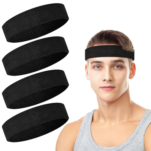 PEASUG 4 Pack Headbands for Men, Sweat Bands Headbands Men & Women, Cotton Terry Sweat Bands for Tennis, Basketball, Running, Gym, Working Out (Black) - Image 1