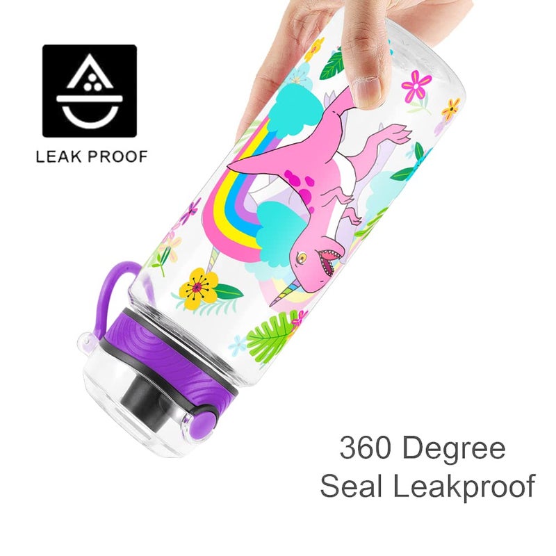 Home Tune Cute Water Bottle for School Kids Girls  BPA FREE Tritan & Leak Proof & Easy Clean & Carry Handle  23oz/ 680ml (Rainbow Dinosaur) - Image 4