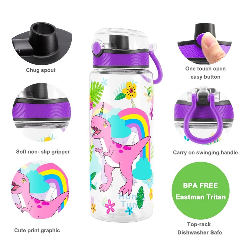 Home Tune Cute Water Bottle for School Kids Girls  BPA FREE Tritan & Leak Proof & Easy Clean & Carry Handle  23oz/ 680ml (Rainbow Dinosaur) - Image 2