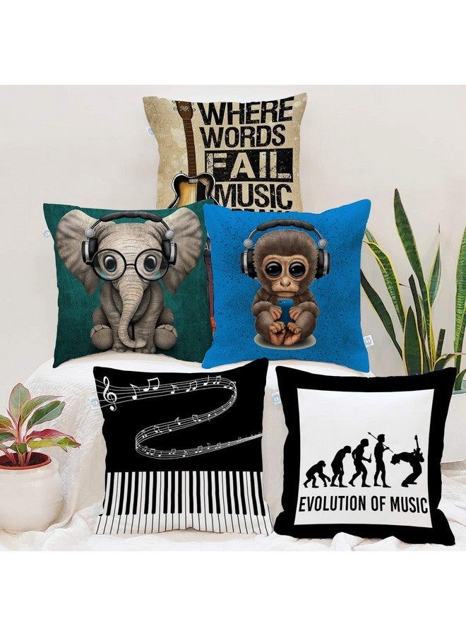 STITCHNEST Set of 5 Jute Cushion Covers - 16x16 Inches - Music Lover’s Theme with Headphone Animals, Piano & Typography - Funky Cushion Covers for Sofa & Bedroom Decor - Image 1