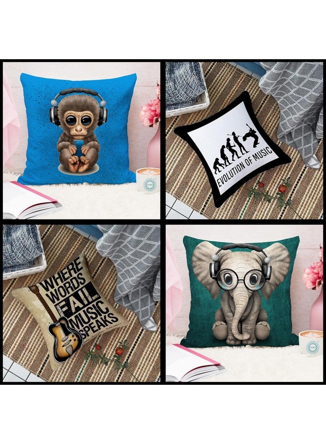 STITCHNEST Set of 5 Jute Cushion Covers - 16x16 Inches - Music Lover’s Theme with Headphone Animals, Piano & Typography - Funky Cushion Covers for Sofa & Bedroom Decor - Image 2