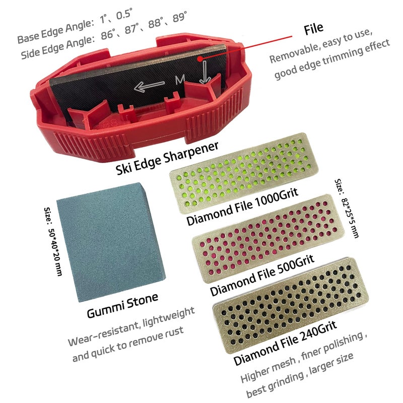 IGOSKI Snowboard Ski Edge Bevel Tuning ski wax kitï¼Œsnowboard toolï¼Œski edge sharpener tuner Side Ski Angle Tool & Diamonds & Gummi Stone (Tool+Diamonds + Gummi Stone) (Red) - Image 5