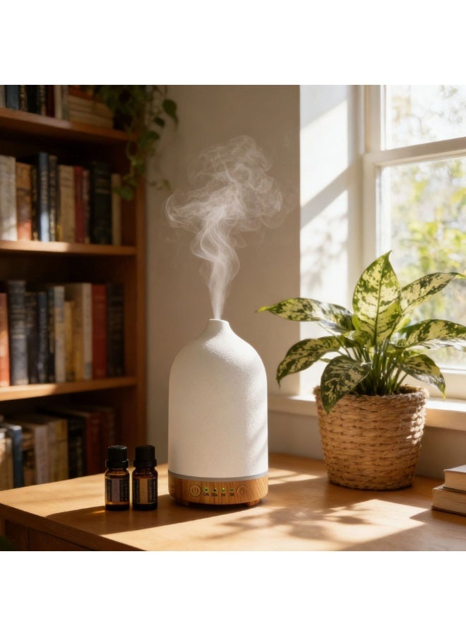 Bluejw （White）250Ml Wood Grain Ceramic Short Spout Humidifier Seven Colours White And Black Ceramic Aromatherapy Machine Ultrasonic Essential Oil Diffuser - Image 4
