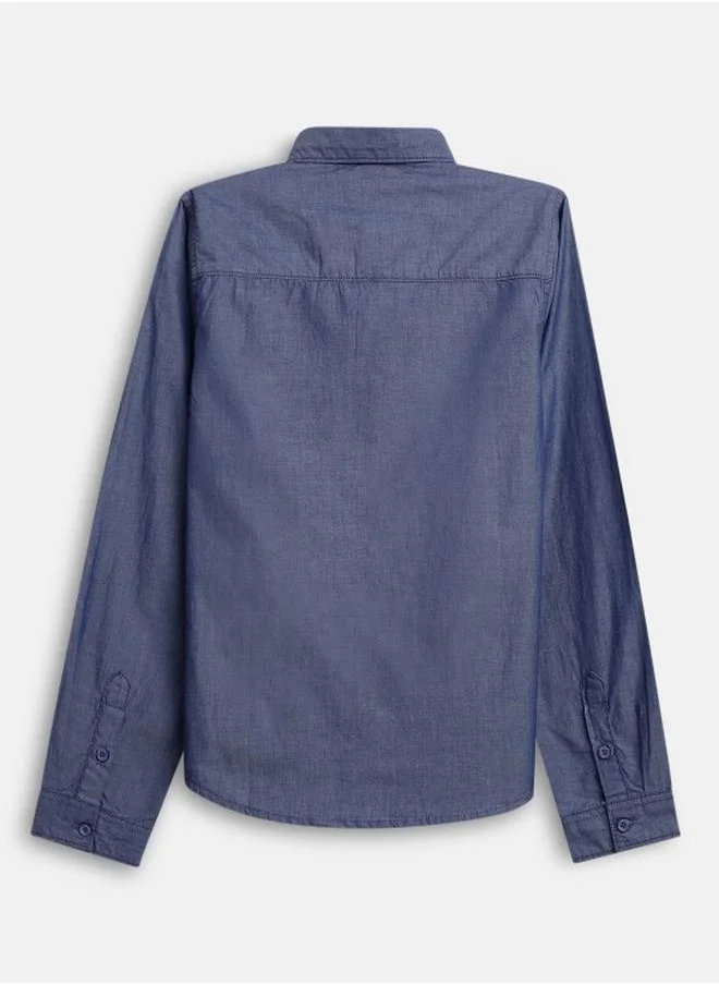 Bonkids Boy's shirts in regular fit denim blue colour cotton fabric embellished pattern pull over closure woven weave type round collar type round neckline half sleeve length button down upper body wear type suitable for casual occasions – styled to perfection for modern charm.