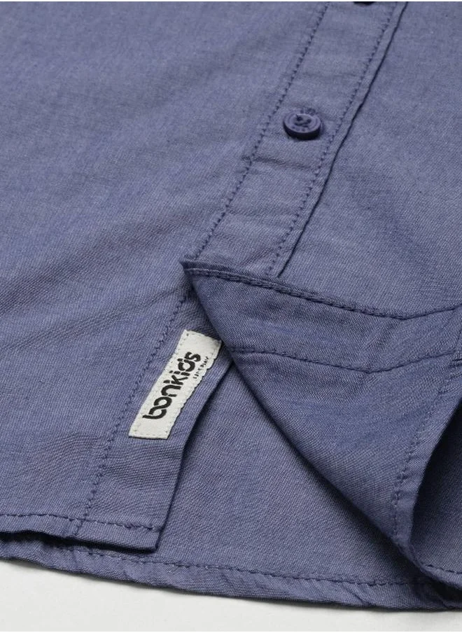 Bonkids Boy's shirts in regular fit denim blue colour cotton fabric embellished pattern pull over closure woven weave type round collar type round neckline half sleeve length button down upper body wear type suitable for casual occasions – styled to perfection for modern charm.