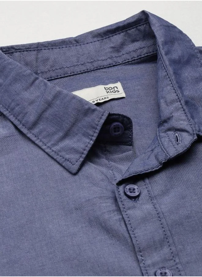Bonkids Boy's shirts in regular fit denim blue colour cotton fabric embellished pattern pull over closure woven weave type round collar type round neckline half sleeve length button down upper body wear type suitable for casual occasions – styled to perfection for modern charm.