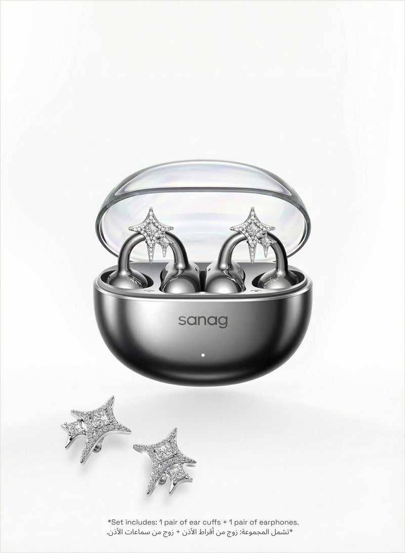 ساناج سماعات SANAG S6S Nova اللاسلكية + طقم قرط Starlight Trail، سماعات مشبك الأذن المفتوح بتصميم مجوهرات قابل للتبديل، بلوتوث 5.4، بطارية 59 ساعة، مقاومة للماء IP67، درايفر تيتانيوم 10 مم - أسود - Image 2