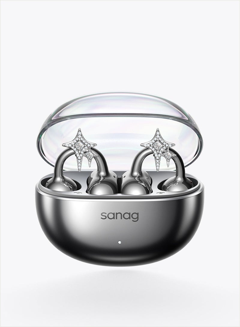 ساناج سماعات SANAG S6S Nova اللاسلكية + طقم قرط Starlight Trail، سماعات مشبك الأذن المفتوح بتصميم مجوهرات قابل للتبديل، بلوتوث 5.4، بطارية 59 ساعة، مقاومة للماء IP67، درايفر تيتانيوم 10 مم - أسود - Image 1