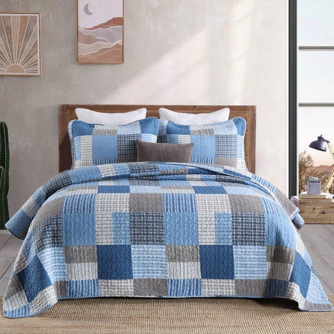 QUILT KING SIZE 100 COTTON KING SIZE COMFORTER SET BLUE NAVY GREY PLAID FARMHOUSE QUILT BEDDING SET REVERSIBLE LIGHTWEIGHT SOFT BEDSPREAD QUILTED COVERLET ALLSEASON 3PIECE