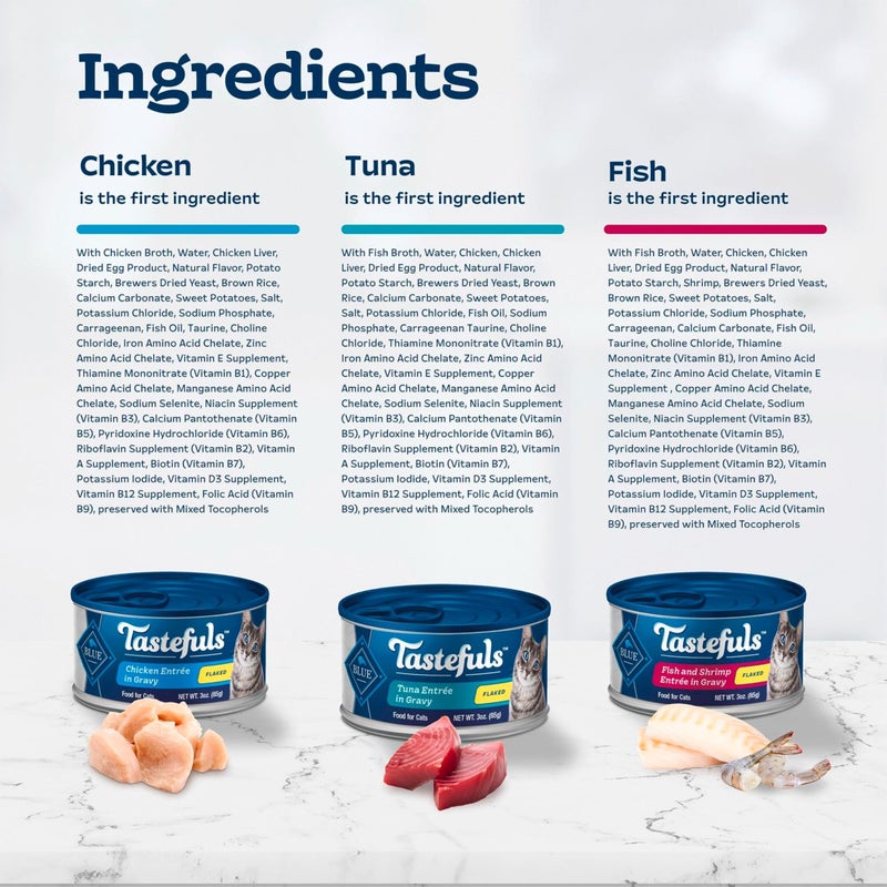 Blue Buffalo Tastefuls Flaked Wet Cat Food Variety Pack, Made with Natural Ingredients, Tuna, Chicken, Fish & Shrimp, 3-oz Cans (12 Count, 4 of Each) - Image 5