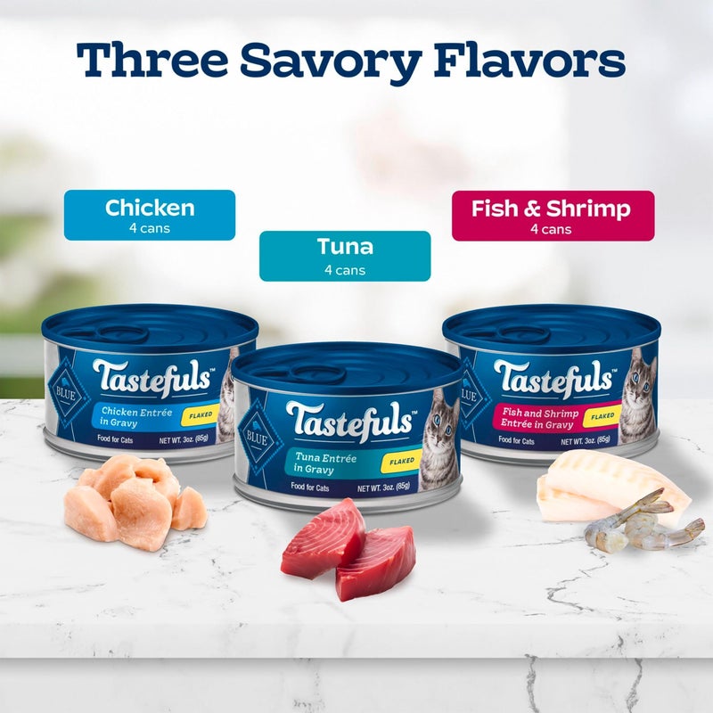Blue Buffalo Tastefuls Flaked Wet Cat Food Variety Pack, Made with Natural Ingredients, Tuna, Chicken, Fish & Shrimp, 3-oz Cans (12 Count, 4 of Each) - Image 4