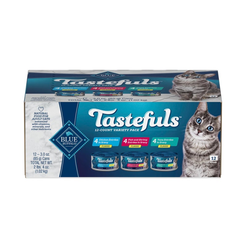 Blue Buffalo Tastefuls Flaked Wet Cat Food Variety Pack, Made with Natural Ingredients, Tuna, Chicken, Fish & Shrimp, 3-oz Cans (12 Count, 4 of Each) - Image 1