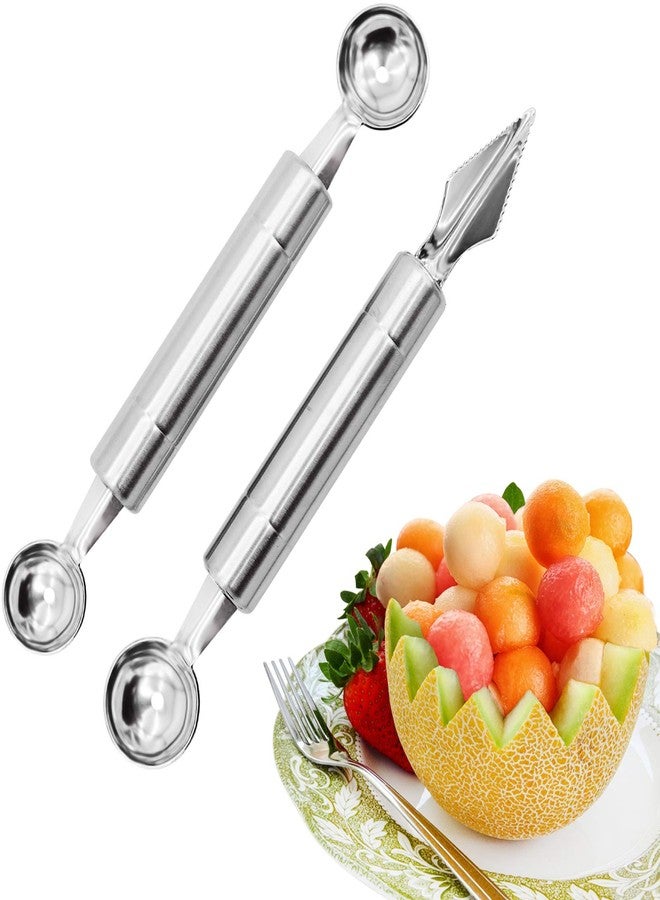 Melostu 2PCS Fruit Baller Spoon, Stainless Steel Fruit Ball Maker & Fruit Carving Cuter, DIY Watermelon Cantaloupe Ice Cream Tool, Make Different Designs & Shapes for Party Decoration, Silver, 20cm/7.87inch - Image 1