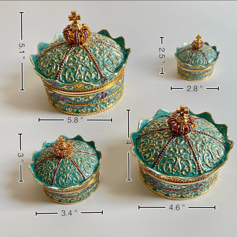 SIWOT Crown Design Jewelry Chest,Creative Vintage Metal Round Storage Box,Alloy Retro Patterned Gem Case (Golden Blue, Small) - Image 3