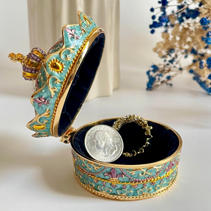 SIWOT Crown Design Jewelry Chest,Creative Vintage Metal Round Storage Box,Alloy Retro Patterned Gem Case (Golden Blue, Small) - Image 4
