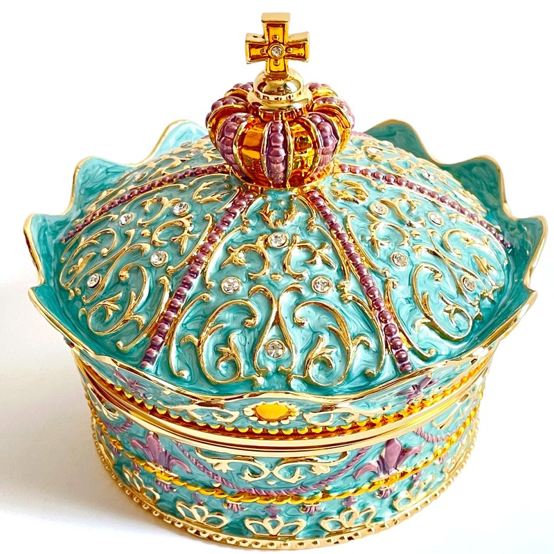 SIWOT Crown Design Jewelry Chest,Creative Vintage Metal Round Storage Box,Alloy Retro Patterned Gem Case (Golden Blue, Small) - Image 1