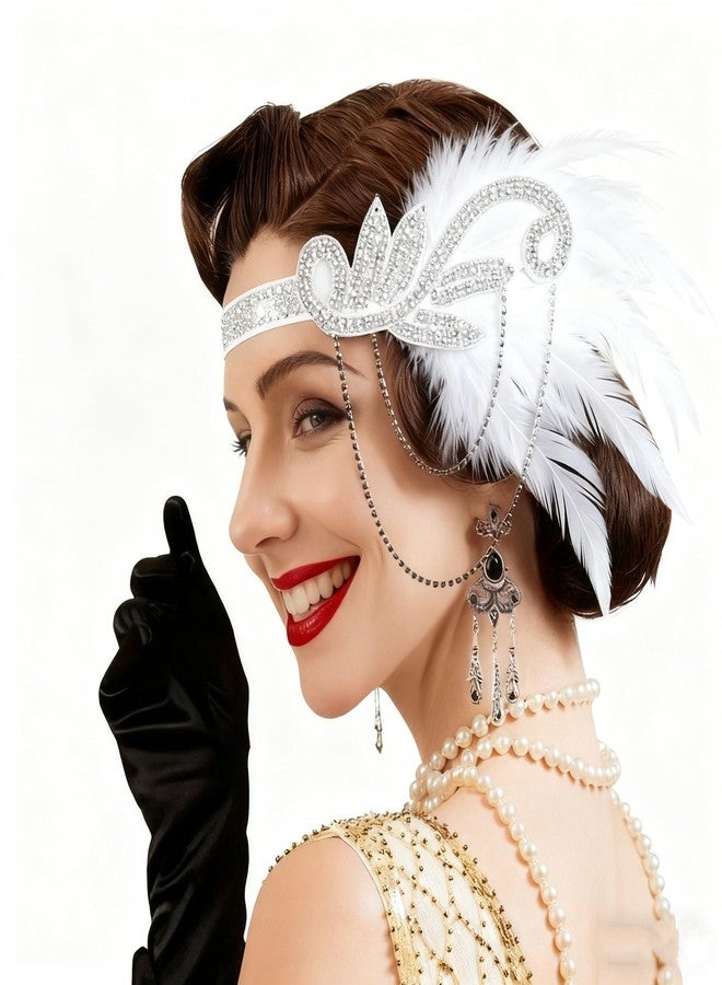 تونج كلاود طوق رأس من الريش مزين بأحجار الراين والخرز، مستوحى من عشرينيات القرن الماضي، من تصميم تونغ كلاود، مناسب لحفلات الهالوين التنكرية (أبيض، متوسط) - Image 1