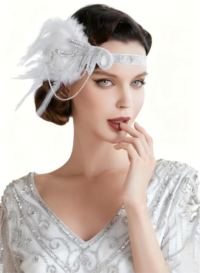 تونج كلاود طوق رأس من الريش مزين بأحجار الراين والخرز، مستوحى من عشرينيات القرن الماضي، من تصميم تونغ كلاود، مناسب لحفلات الهالوين التنكرية (أبيض، متوسط) - Image 3