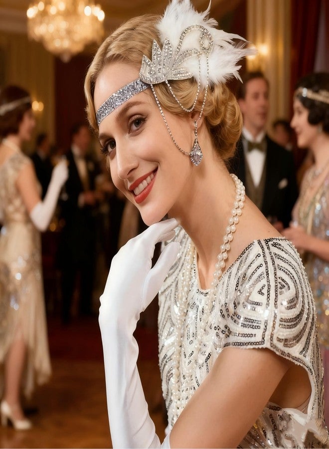 تونج كلاود طوق رأس من الريش مزين بأحجار الراين والخرز، مستوحى من عشرينيات القرن الماضي، من تصميم تونغ كلاود، مناسب لحفلات الهالوين التنكرية (أبيض، متوسط) - Image 2