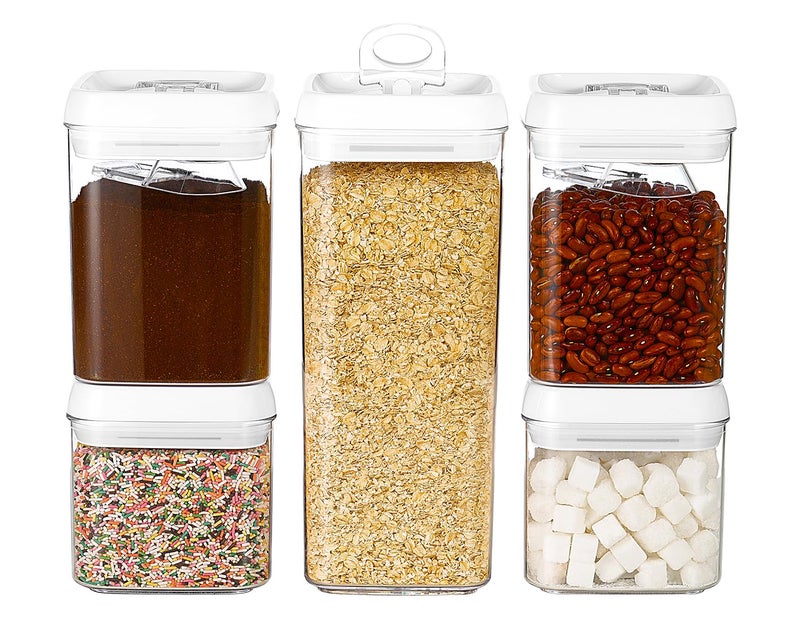 Felli Flip Tite Food Storage Container 5 LARGE 5pk Set No Residue Label Airtight Lid Easy Lock Top Stackable Plastic Canister Jar for Pantry Kitchen Fridge Organizer Pasta Protein Powder Spice