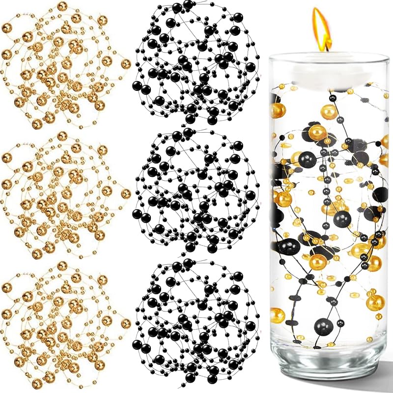 Cusmation 50 PCS Artificial Floating Beads for Centerpieces Vases, Black Gold 8+3mm String Beads for Wedding Party Faux Pearl String for Decorating, String Pearls for Crafts Vase Filler - Image 1
