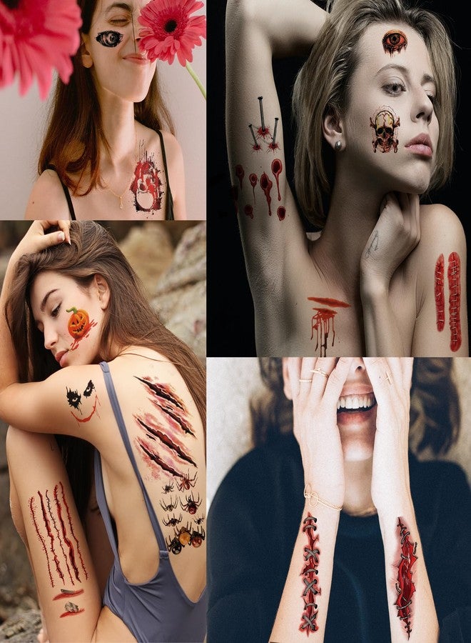 Dream Loom Halloween Zombie Makeup, 12 Sheets Halloween Fake Scars Bloody Wound Temporary Tattoos, Halloween Party Cosplay Vampire Makeup Tattoos for Women Men Kids - Image 2