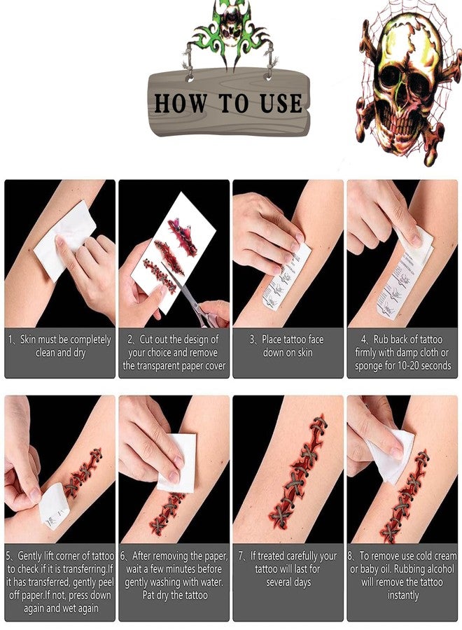 Dream Loom Halloween Zombie Makeup, 12 Sheets Halloween Fake Scars Bloody Wound Temporary Tattoos, Halloween Party Cosplay Vampire Makeup Tattoos for Women Men Kids - Image 3