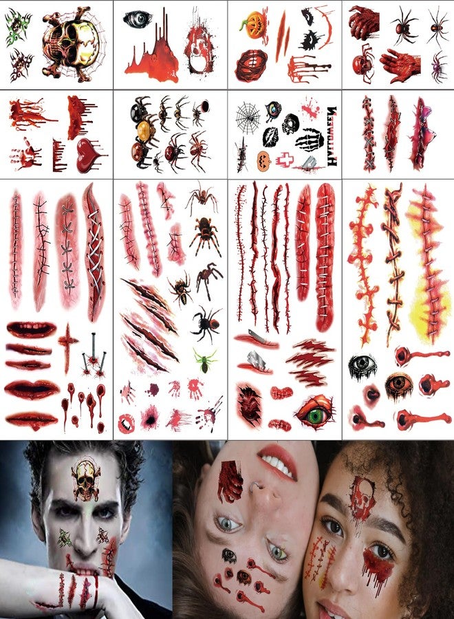 Dream Loom Halloween Zombie Makeup, 12 Sheets Halloween Fake Scars Bloody Wound Temporary Tattoos, Halloween Party Cosplay Vampire Makeup Tattoos for Women Men Kids - Image 1