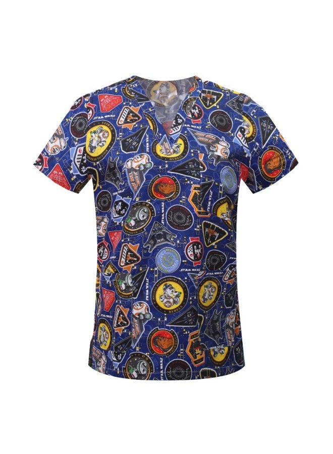 Loquat Womens Medical Scrubs Single Top Medical Uniform Single Printed Top Rebels Print on Blue Background - Image 1