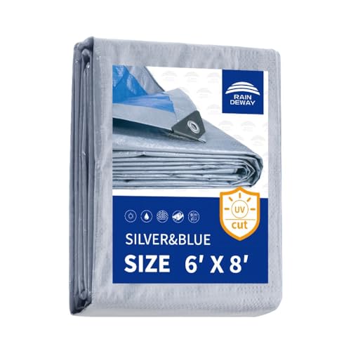 RAINDEWAY Tarps 6x8 Feet - 5.5 Mil, Multipurpose Waterproof Poly Tarp Cover with Metal Grommets and Reinforced Edges, Silver/Blue Tarp - Image 1