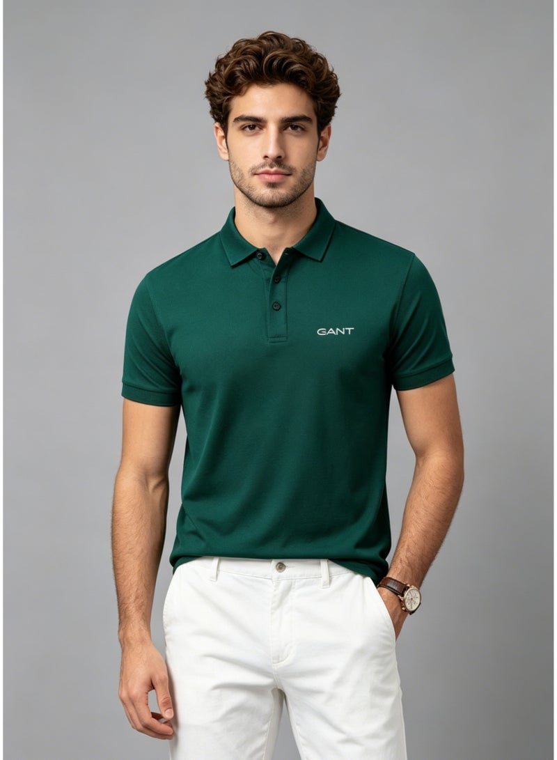 GANT Men's Short Sleeve Solid Polo Shirt, Comfort Fit, Smart Casual & Outdoor Wear, Dark Green - Image 3