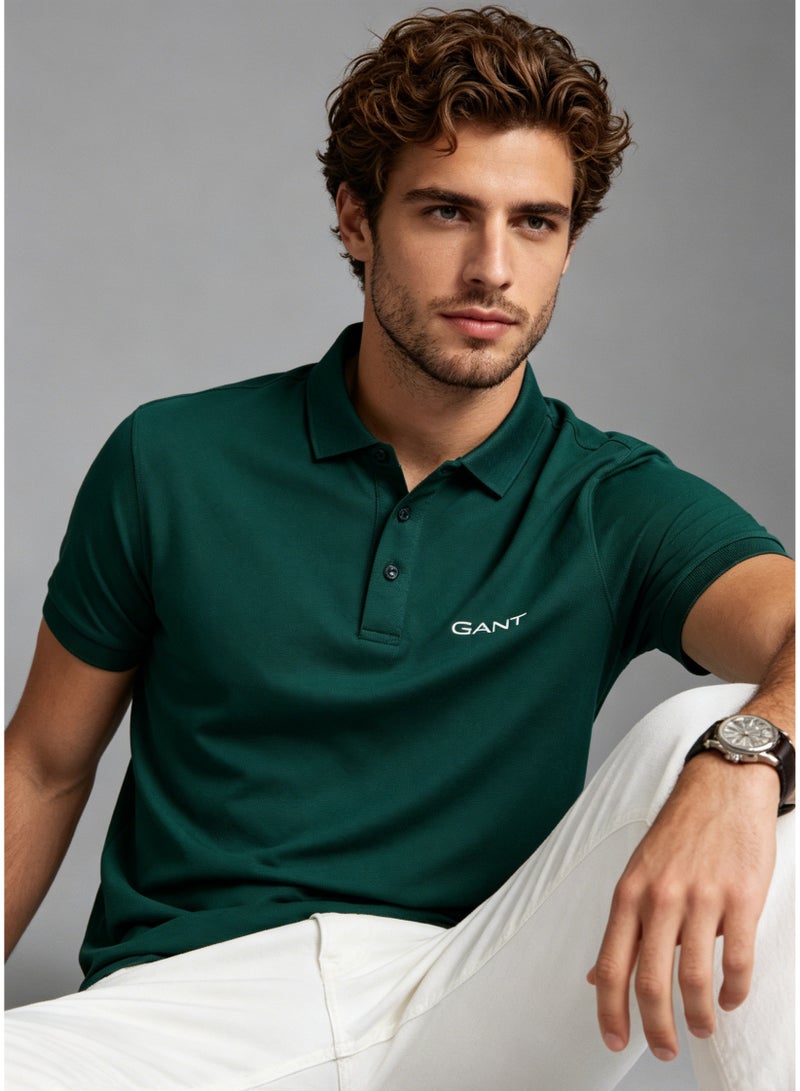GANT Men's Short Sleeve Solid Polo Shirt, Comfort Fit, Smart Casual & Outdoor Wear, Dark Green - Image 2